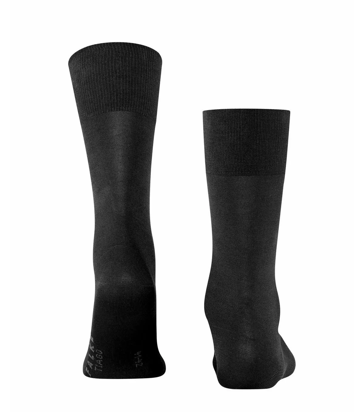 Two black Tiago men's socks by Falke, standing on a white background, close-up.