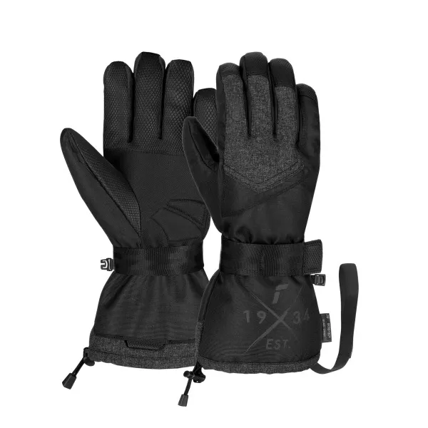 A pair of black winter gloves with adjustable wrist straps.