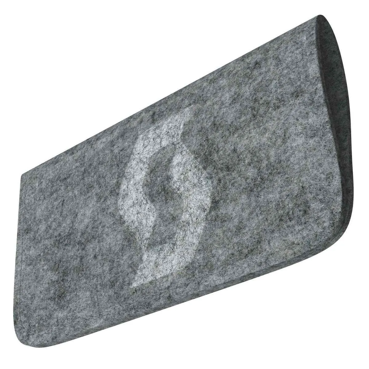 Grey felt spectacle case with white logo, taken diagonally from above.