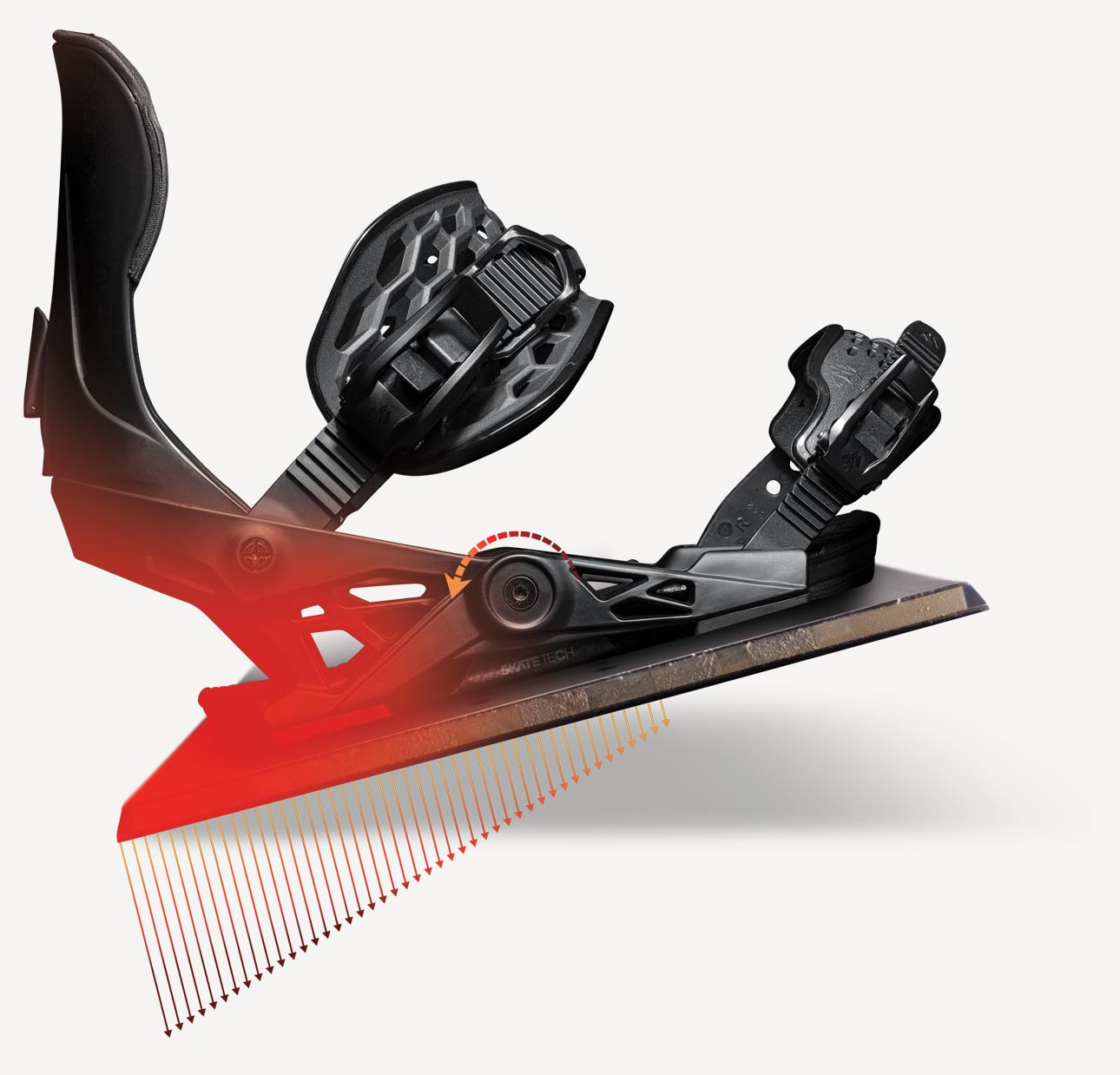Black Jones Apollo binding Black Jones Apollo Pro snowboard binding with red SKATETECH technology visualization.