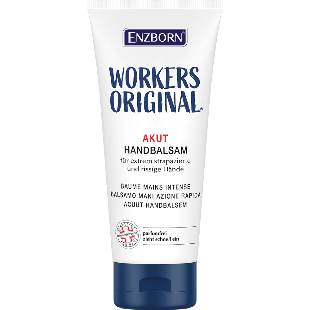 Tube blanc de baume pour les mains de Enzborn, "Workers Original", avec une inscription bleue et un couvercle bleu. Informations sur les ingrédients et les propriétés imprimées.