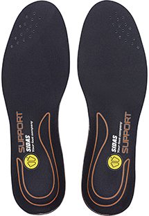 Schwarze Sidas Einlegesohlen Zwei schwarze Sidas Einlegesohlen mit gelbem Logo und orangefarbenem Support-Bereich.