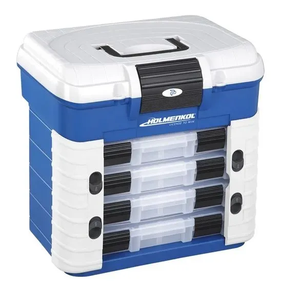 Holmenkol's blue and white storage box with four transparent pull-out compartments. Blue top with a white lid and black carrying handle. White sides with grooves. Compartments with black handles for pulling out.