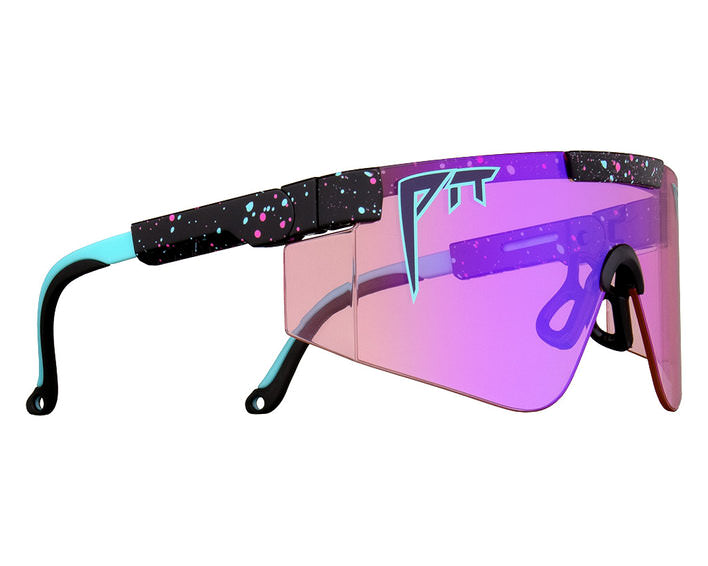 "The Afterparty 2000" sunglasses with pink lenses and black and colorful speckled frames.