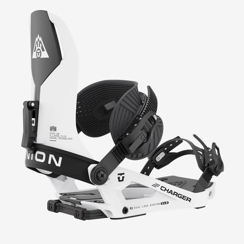 Union Charger White Bindung Nahaufnahme der Union Charger White Splitboard-Bindung, zeigt Details des Designs und der Konstruktion.