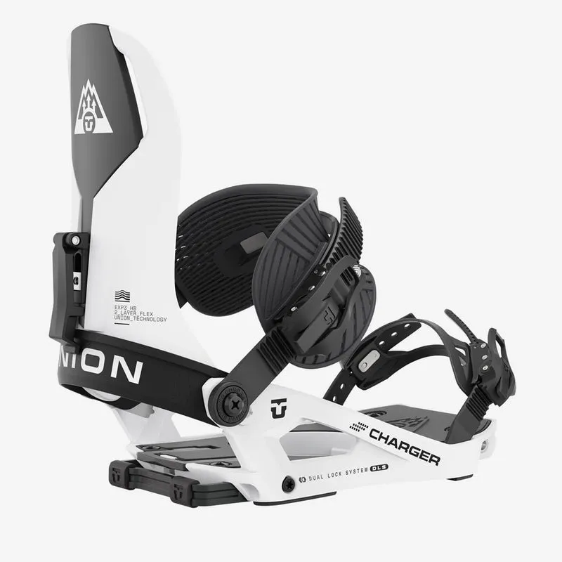 Close-up of the Union Charger White splitboard binding, showing details of the design and construction.