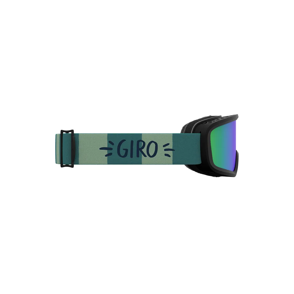 Detailansicht: Jade-grüne Giro Chico 2.0 Skibrille mit grün-bläulicher Linse und "GIRO"-Schriftzug auf dem Band.