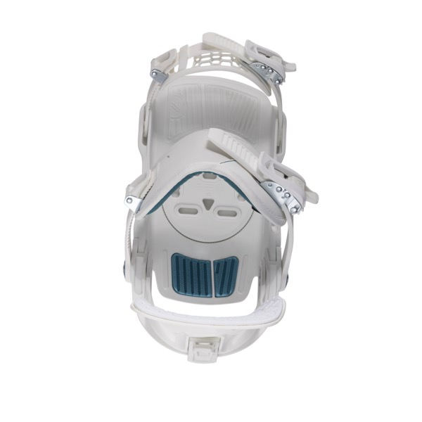 Eine Nidecker Muon-W White Snowboardbindung von vorne. Die Base ist weiß mit blauen Akzenten.