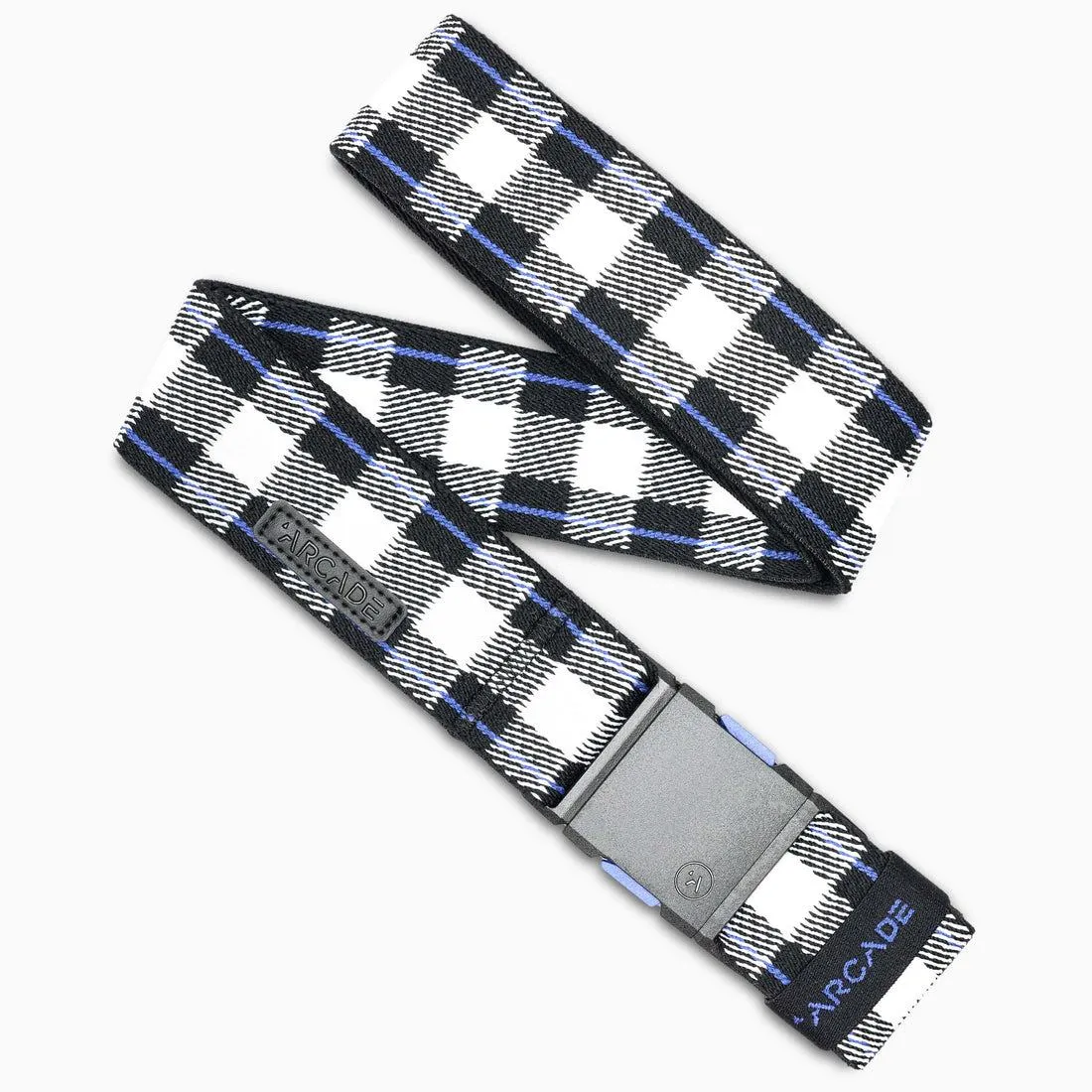 Braided Arcade Plaid belt, Cobald Black, with gray buckle on white background.