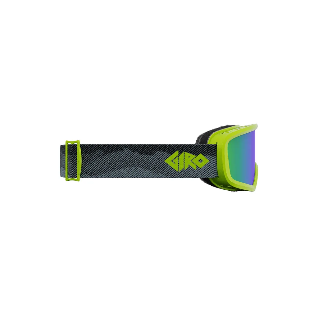 Skibrille Chico 2.0, Ano Lime Geo Camo, seitliche Ansicht. Grüner Rahmen, bunt verspiegelte Scheibe, gemustertes graues Band.