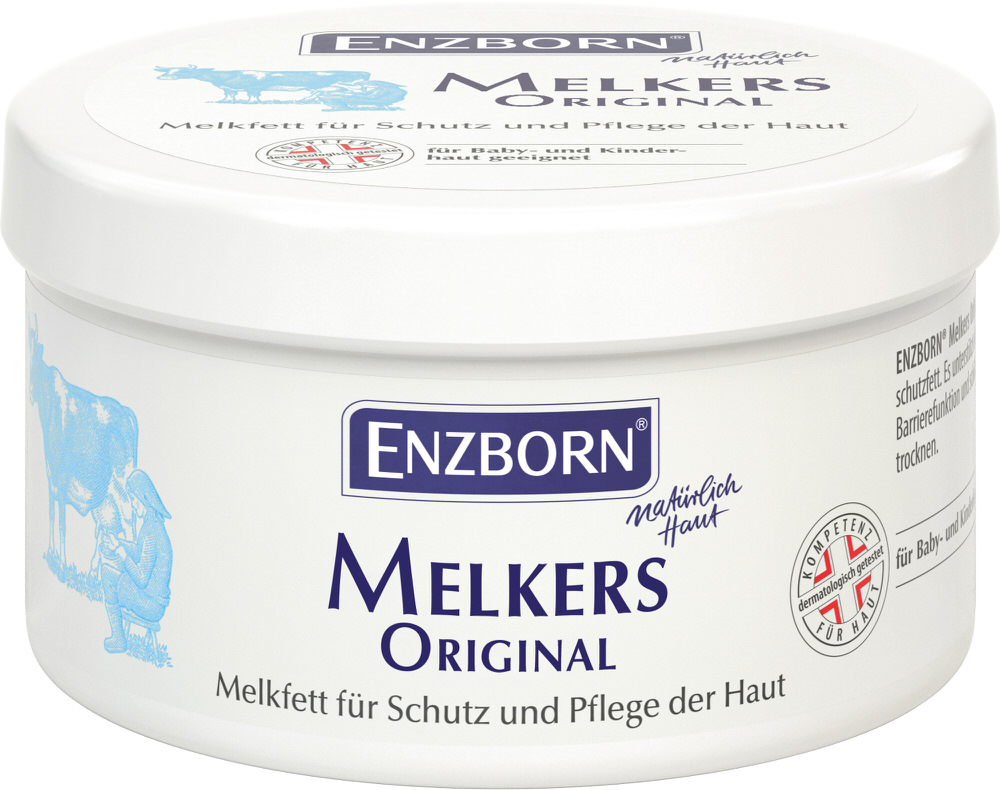 Weisser Tiegel "Melkers Original" Hautschutzfett mit blauem Kuh-Motiv und Markennamen ENZBORN.