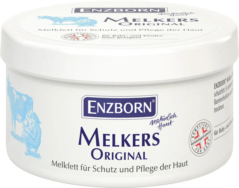 Weisser Tiegel "Melkers Original" Hautschutzfett mit blauem Kuh-Motiv und Markennamen ENZBORN.