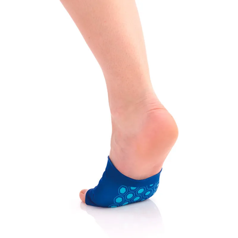 A foot with a blue plantar protector featuring a light blue hexagon pattern.