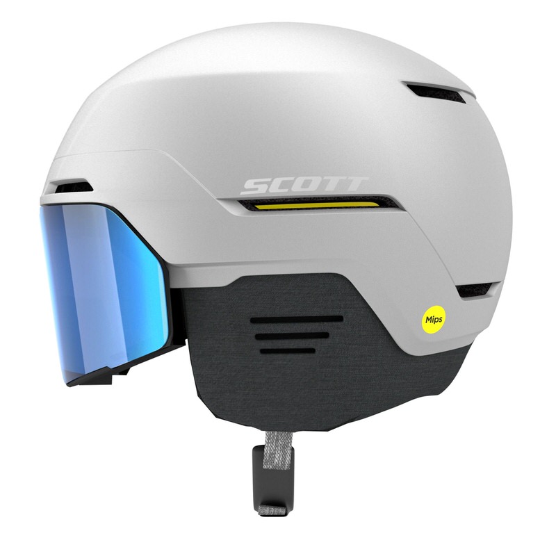 Casque de ski blanc Scott Blend Plus Casque de ski blanc Scott Blend Plus LS avec visière bleue, autocollant MIPS et ouvertures d'aération.