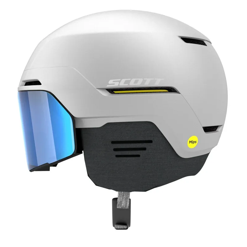 White ski helmet Scott Blend Plus LS with blue visor, MIPS sticker and ventilation openings.