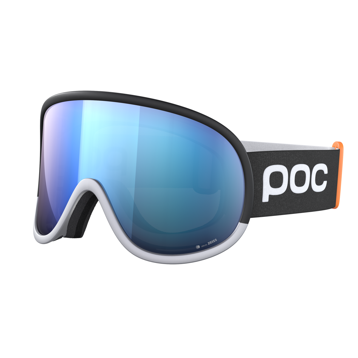 Vista frontale delle maschere da sci POC Retina Race WF in bianco/nero con lenti blu.