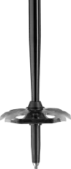Détail d'un bâton de ski noir avec une grande plaque dentelée.