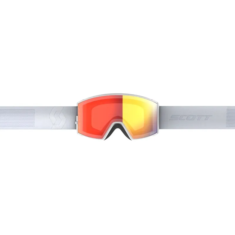Scott React ski goggles in mineral white, red and yellow cylindrical lenses, white strap with "Scott" lettering.