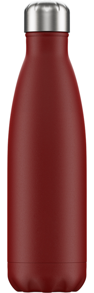 Eine rote, matte Chillys Trinkflasche mit silberfarbenem Deckel vor weißem Hintergrund.