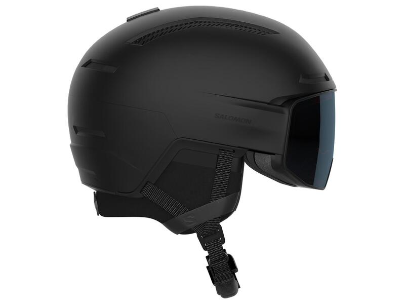 Casque de ski noir MIPS Casque de ski noir Salomon Driver Prime Sigma Photo MIPS avec visière intégrée et jugulaire.