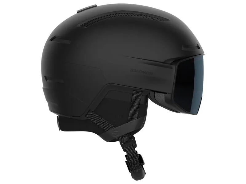 Black ski helmet Salomon Driver Prime Sigma Photo MIPS with integrated visor and chin strap.