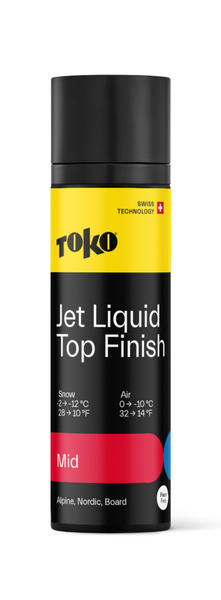 Dargestellt ist eine Sprühflasche Toko Jet Liquid Top Finish Mid mit Temperaturangaben.