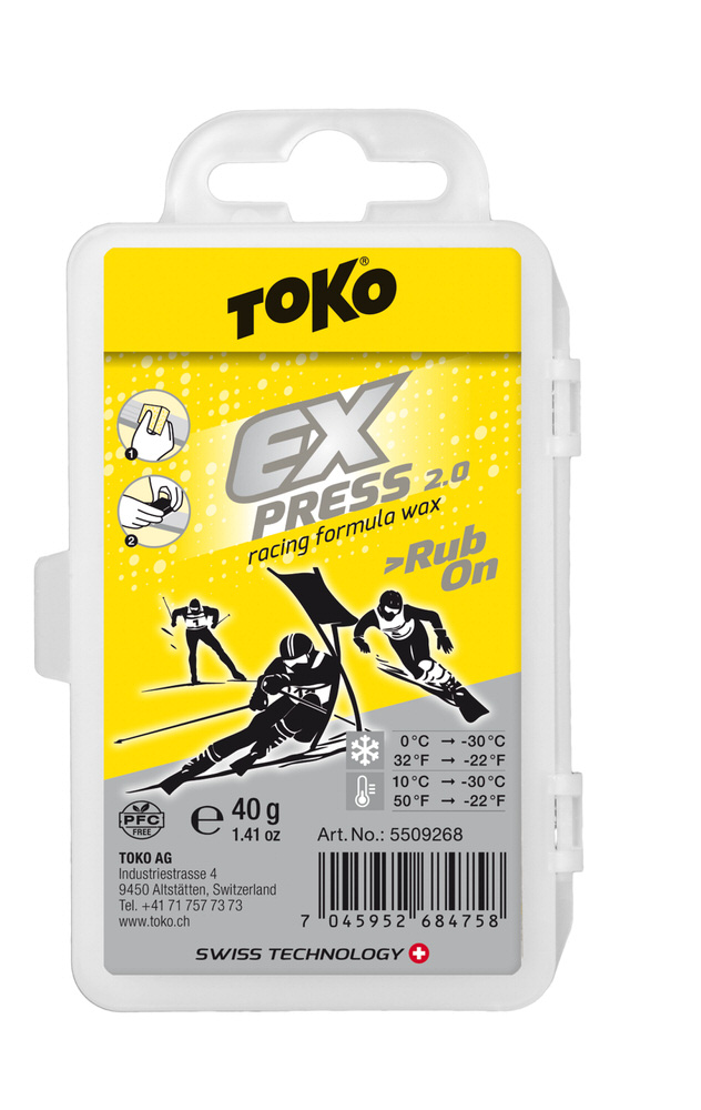 Packaging of Toko Express Racing Rub-On Ski Wax with skiers in the design.