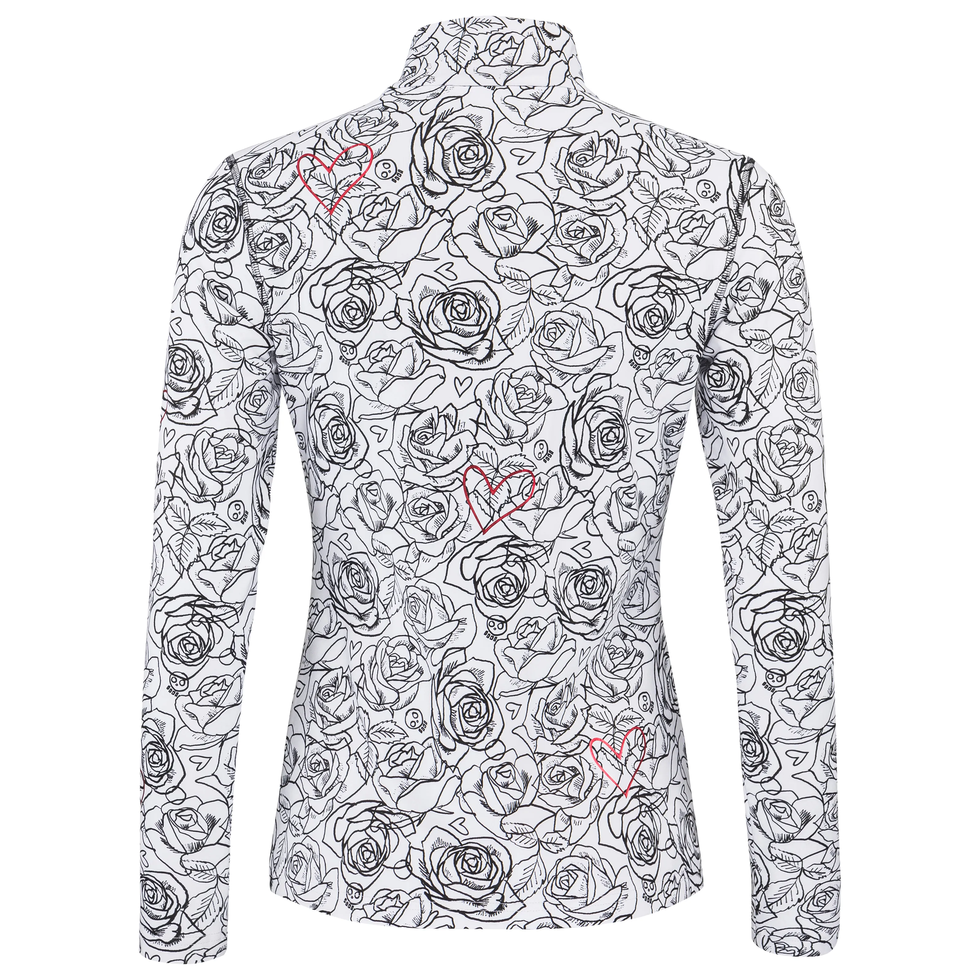 Weißes Langarmshirt mit Stehkragen, bedeckt mit einem detaillierten Muster aus schwarzen Rosenblüten, Blättern und kleinen Herzen. Vereinzelte auffällige rote Herzen sind dezent ins florale Design integriert.