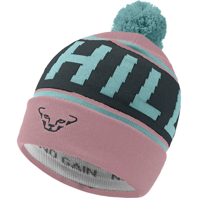 Berretto Mokarosa Skiuphill con pompon, logo Dynafit e scritte in nero e turchese.