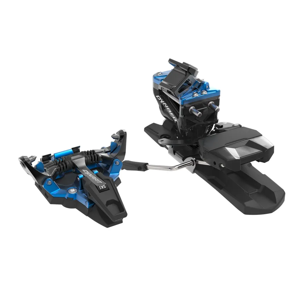 Blue Dynafit Radical ski touring binding, front and back, sideways, against a light background.