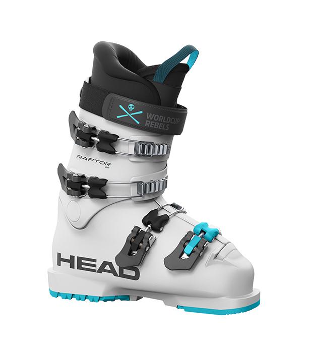 Weiß-blauer Head Raptor 60 Skischuh mit vier Schnallen und schwarzem Innenschuh.