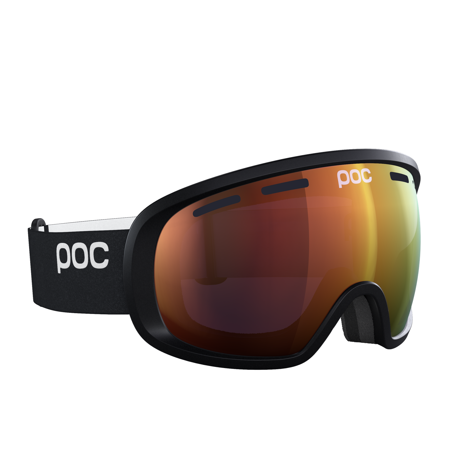 Skibrille POC Fovea Clarity, schwarzer Rahmen, orange-gelbe torische Linse, POC Logo am Brillenband.