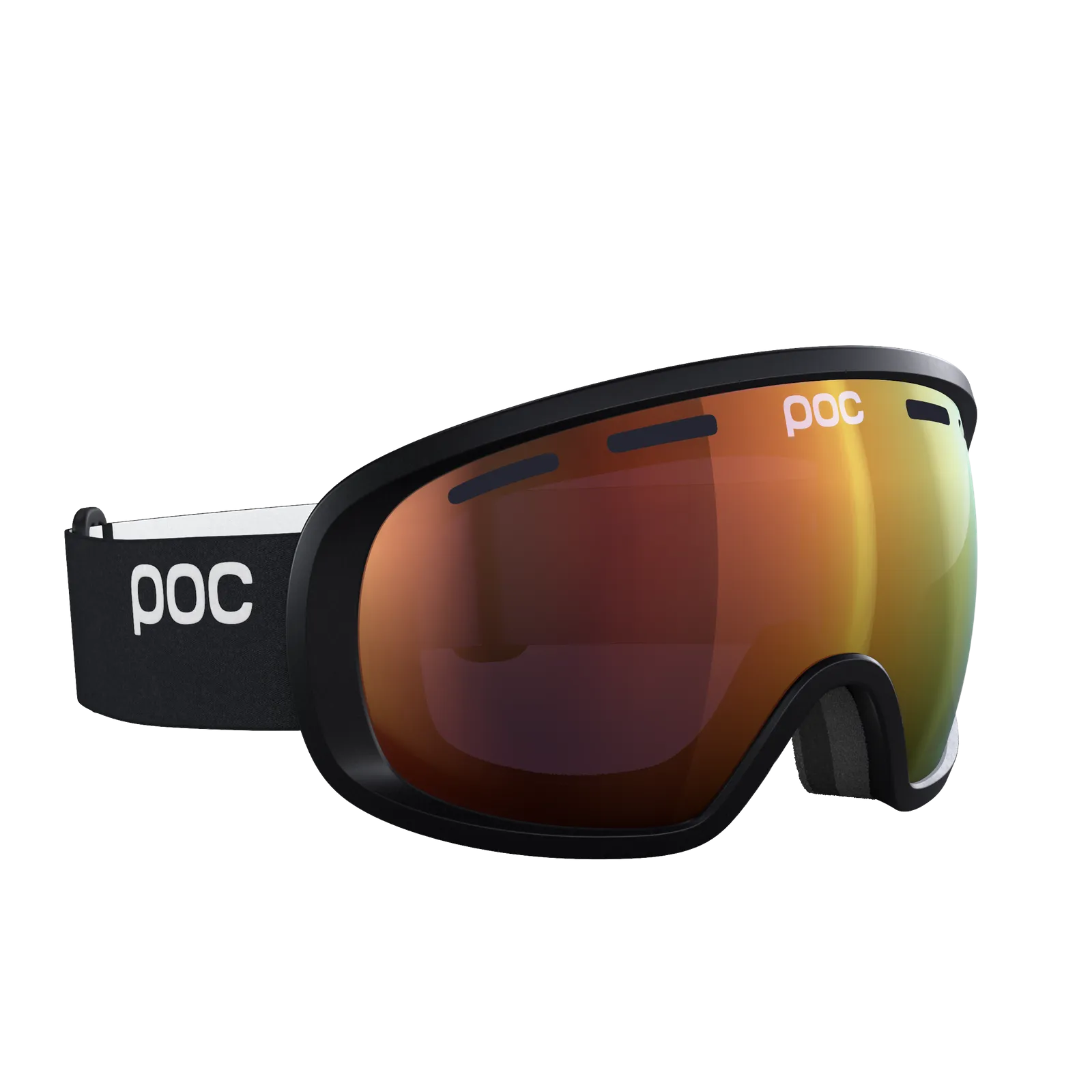 Occhiali da sci POC Fovea Clarity, montatura nera, lenti toriche giallo-arancio, logo POC sul cinturino.