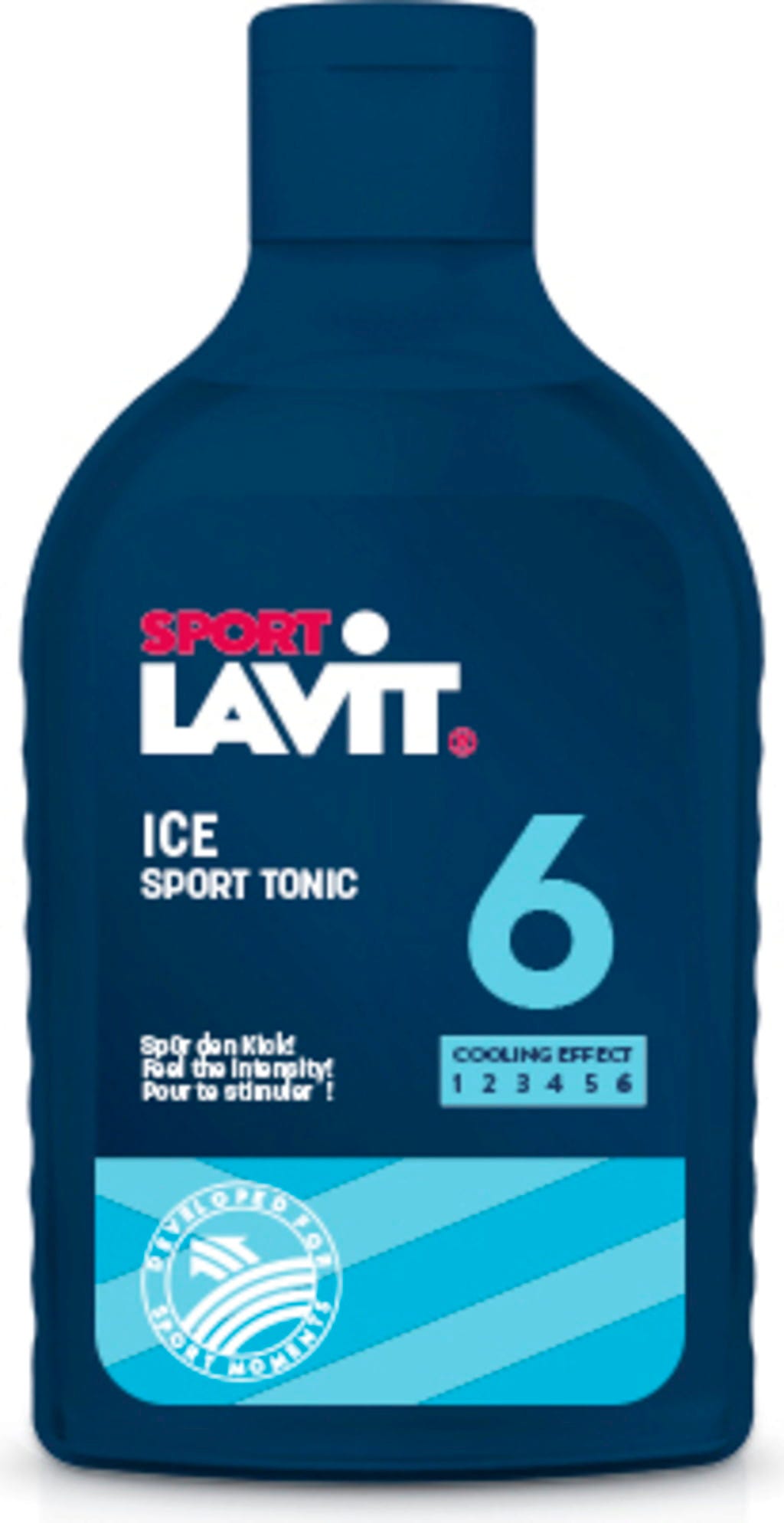 Dunkelblaue Flasche SPORT LAVIT: ICE SPORT TONIC mit weißem Schriftzug und rotem Akzent. Große hellblaue "6" mit Hinweis "COOLING EFFECT 6". Dazu "Spür den Kick! Feel the intensity!" und "Developed for Sport Moments".