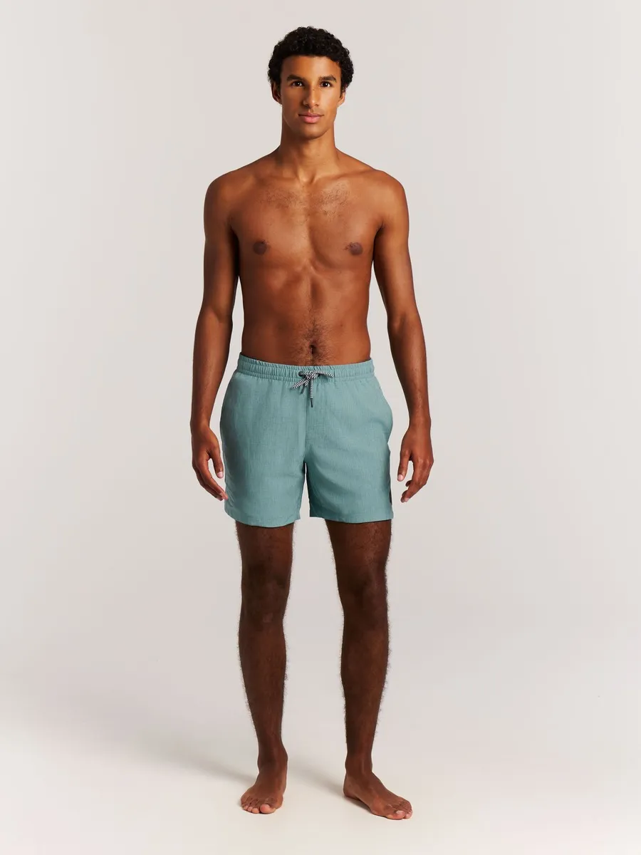 Mann mit nacktem Oberkörper und Badeshorts, frontal vor hellem Hintergrund.