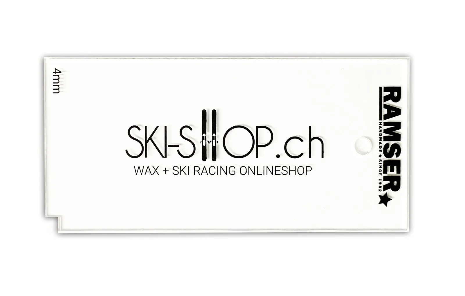 Plexi Blade scraper blade close-up. Ski-shop logo, ski and wax online shop. Ramser's brand, since 1982.