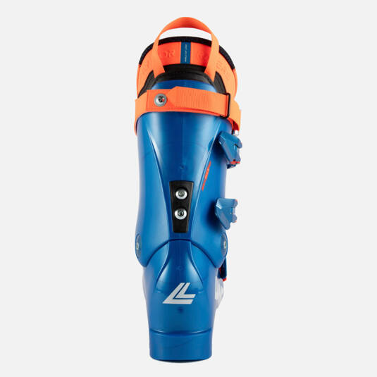 Lange RS 130 LV Skischuh Nahaufnahme der Rückseite des blauen Lange RS 130 LV Skischuhs mit orangenem Riemen und schwarzem Futter.