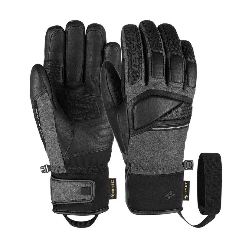 Two Reusch Alexis Pinturault GTX ski gloves with Gore-Tex and Gore Grip technology. The gloves are available in gray and black.