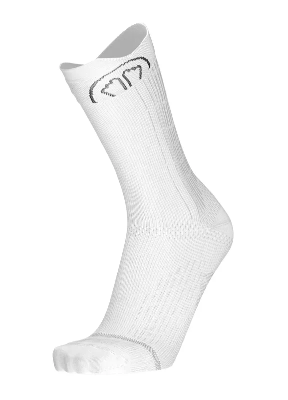 A white sock that stands upright with a small, dark logo at the top of the shaft. It has a fine ribbed structure.