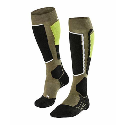 Un paio di calzettoni da sci Falke SK2 nei colori del timo, verde oliva, nero e giallo neon.