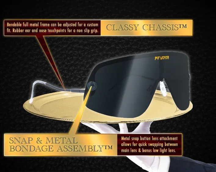 Quartz sunglasses on tray, details of frame, nose pads and lens attachment highlighted.