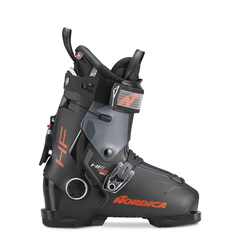 Black Nordica HF 110 GW ski boot with red details in side view.