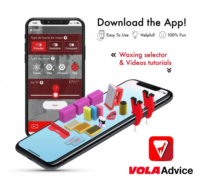 Smartphone avec app pour le choix du fart de ski et des accessoires, dont les blocs de fart Vola et les brosses. Logo Vola Advice.