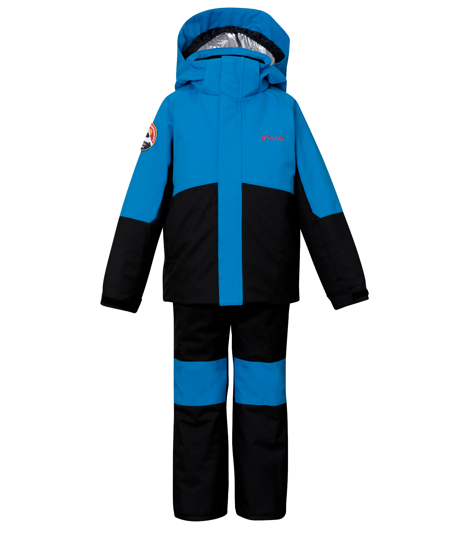 Zweiteiliger, blauer SUKUSUKU Skianzug für Kinder, Jacke und Hose, mit Kapuze und schwarzen Details.