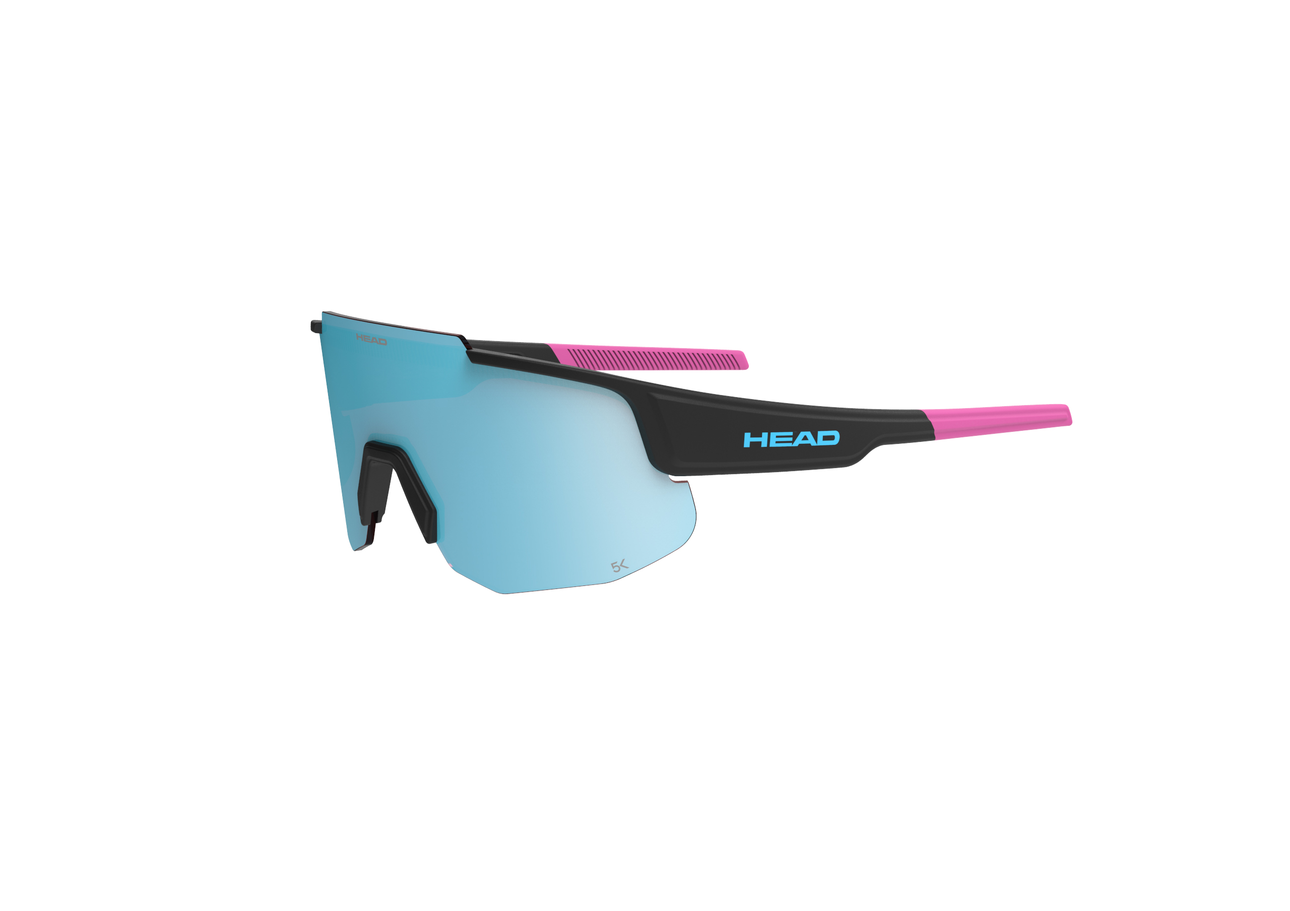 Head Sunshield 5K Blue VIS Sonnenbrille, seitliche Ansicht. Blaue Gläser, schwarzer Rahmen, pinke Bügel.