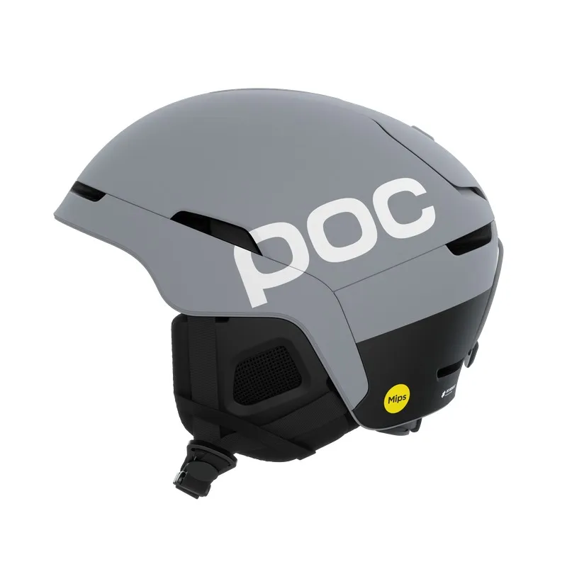 Gray ski helmet by Marker, with white lettering and black ear protection, side view.
