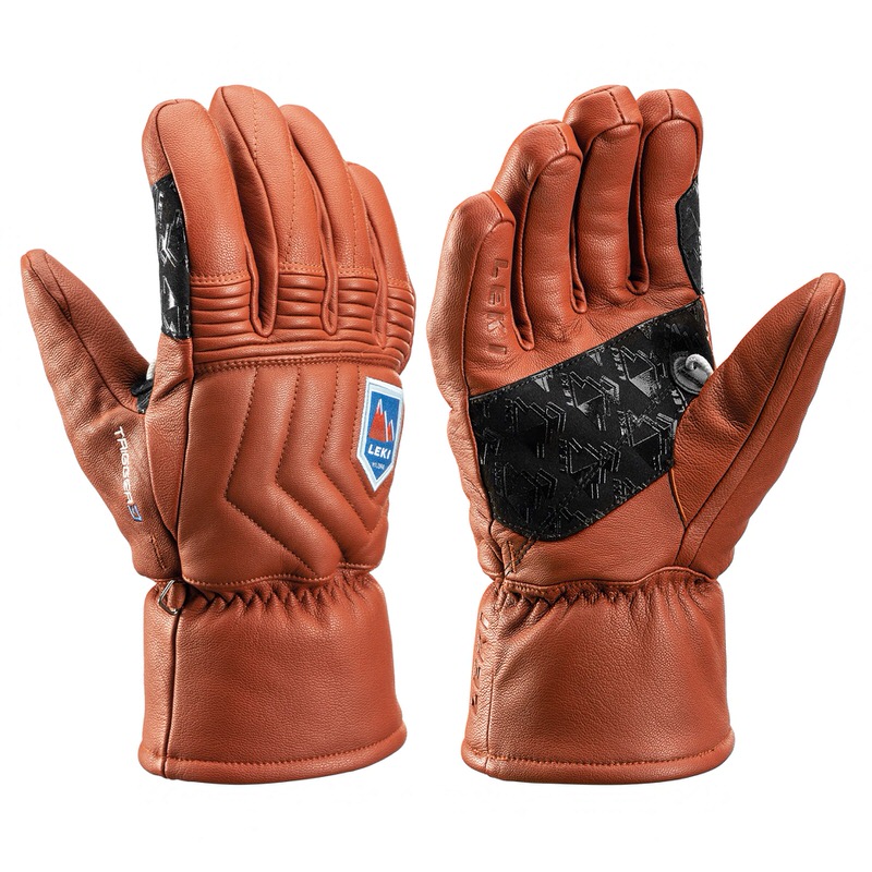 Zwei braune Leki Marbec 3D Handschuhe mit schwarzem Muster und Trigger Loop sind vor einem weißen Hintergrund zu sehen.