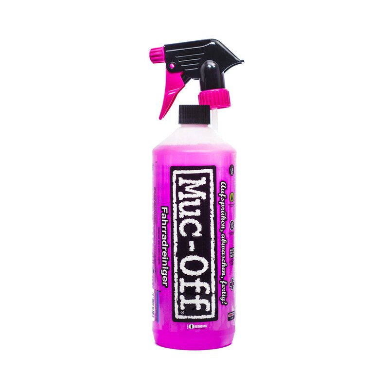 Vaporisateur rose Muc-Off Nettoyant pour vélo Nano Tech, tête de vaporisateur noire avec des accents roses, écriture blanche.