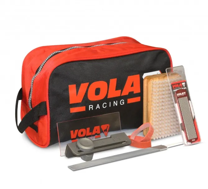 Vola Tuning Kit Essential: bag, file, diamond, brush, stopper rubber and scraper blade for ski tuning.