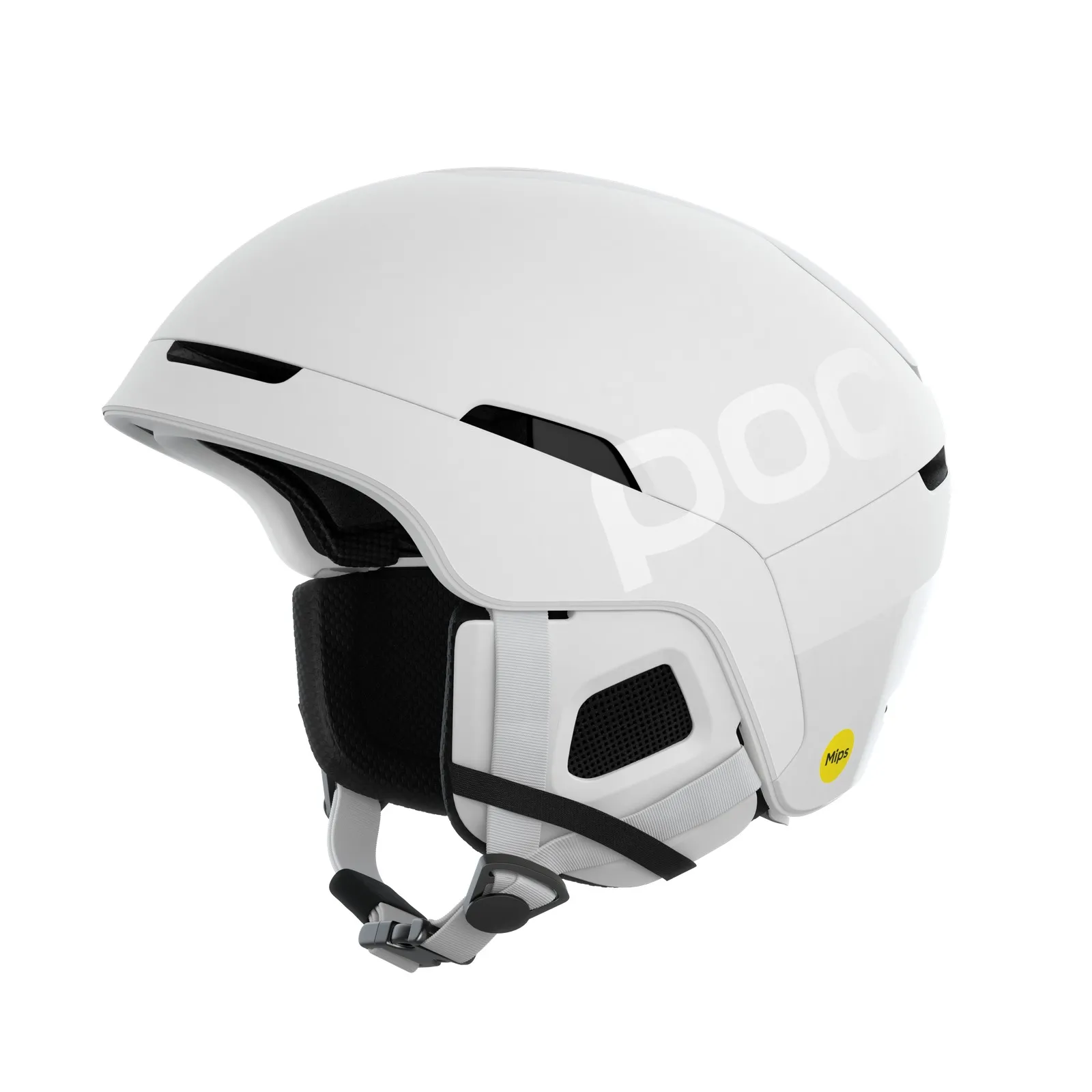 A white POC Obex BC MIPS ski helmet, sideways, with ventilation openings and MIPS logo.